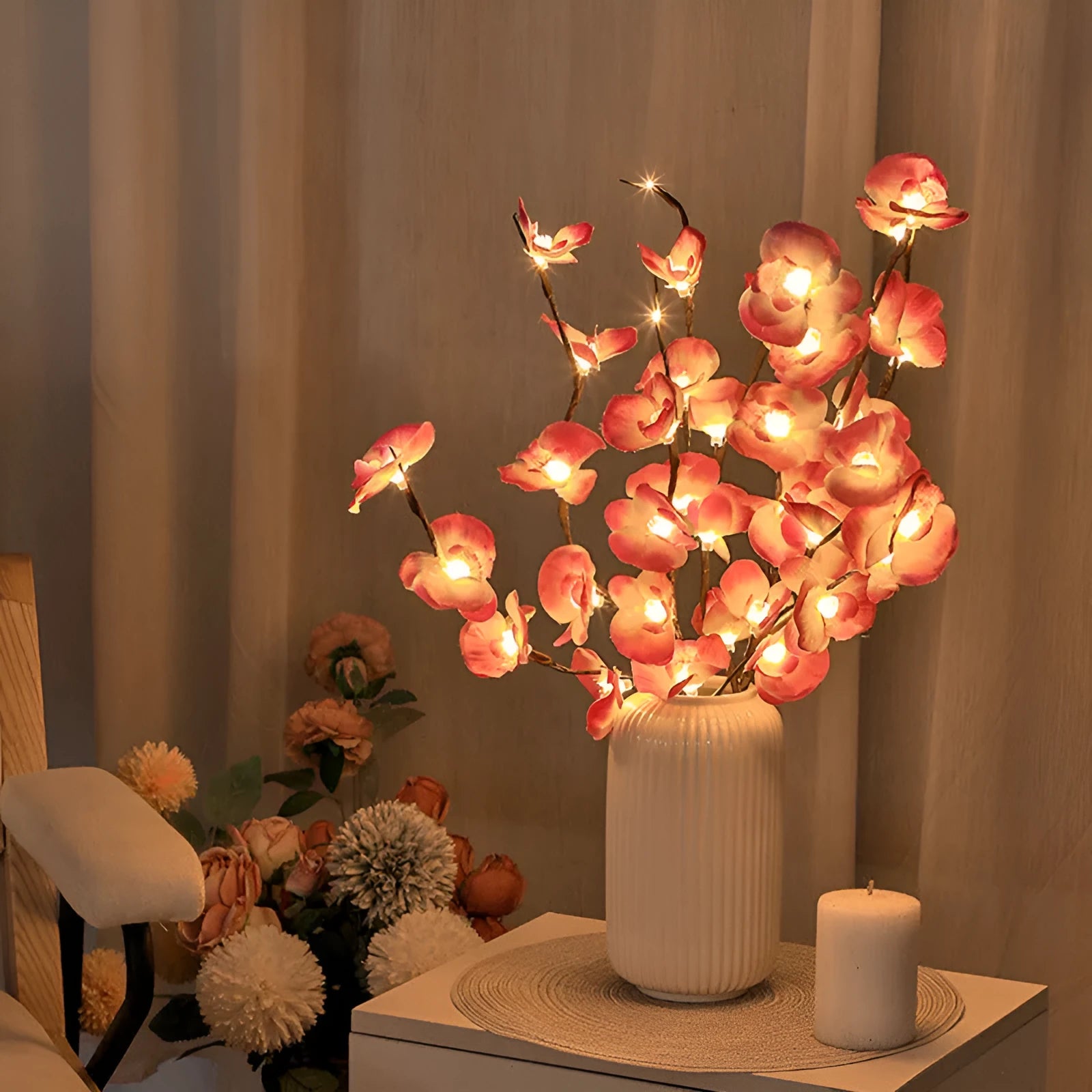 Pink LED phalaenopsis orchid branch decorative light measuring 65cm with battery operation