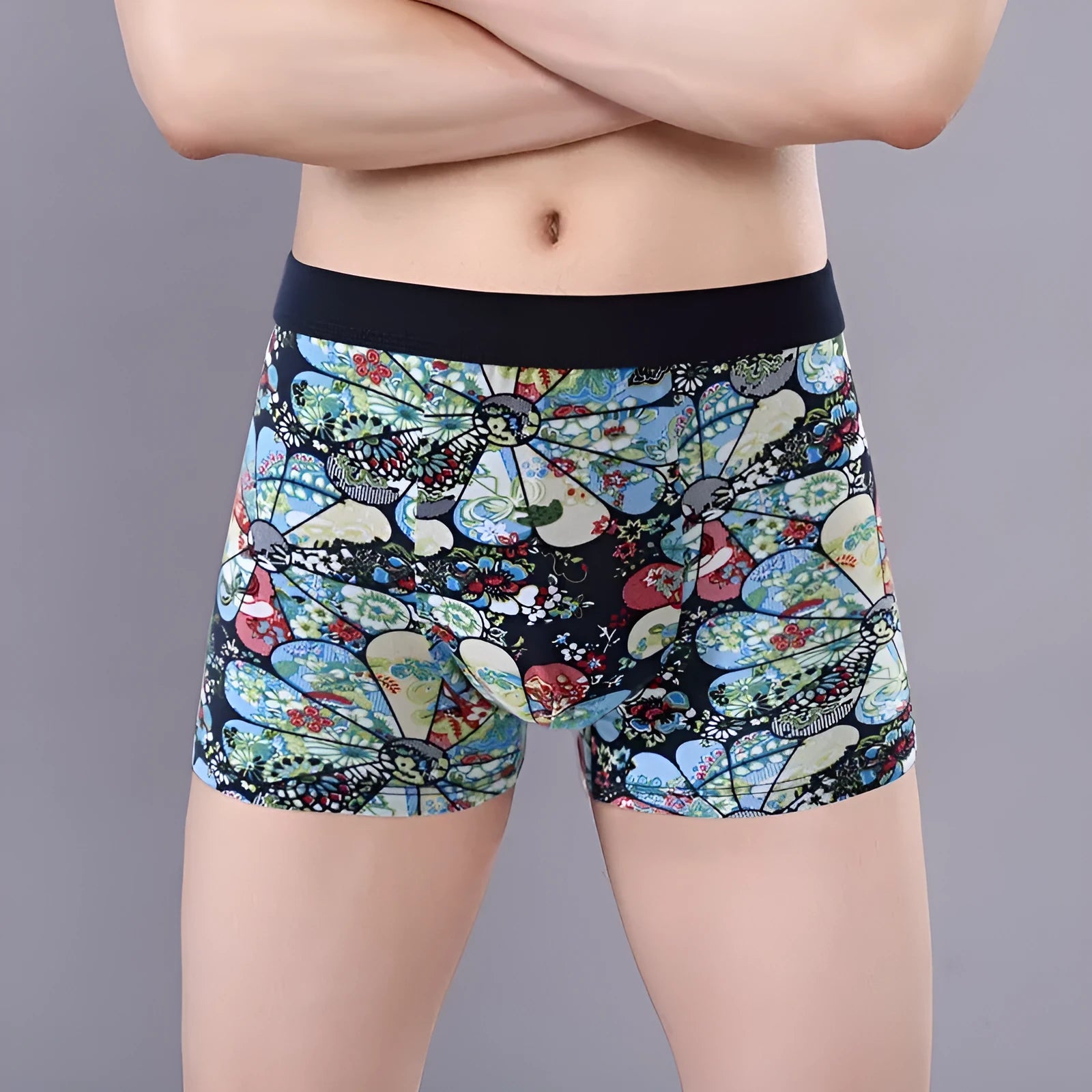 Purified cotton men's boxer briefs in a floral pattern showing mid waist and U-shaped pouch design.