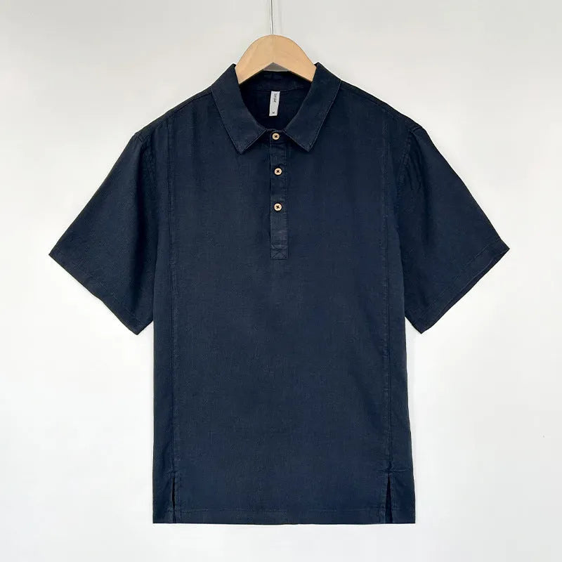 Men's loose-fit linen short-sleeved top in grey green on a hanger