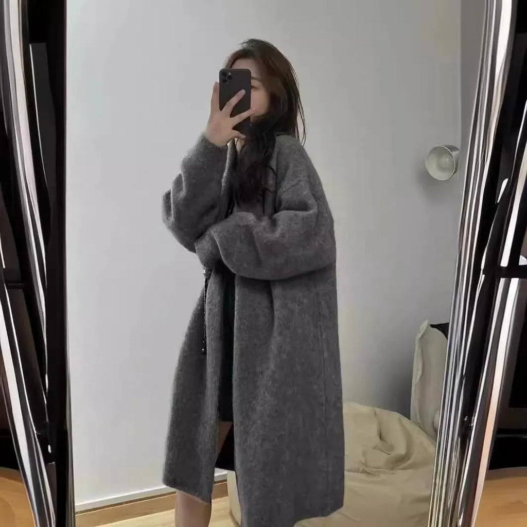 Women's loose fit mid-length knitted cardigan in khaki colour with V-neck and long sleeves