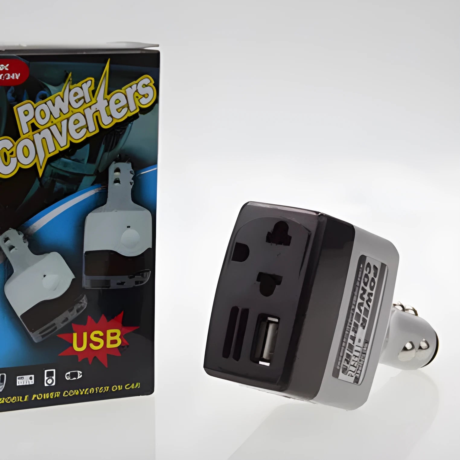 Car charger transformer converting cigarette lighter to USB output for mobile phone charging