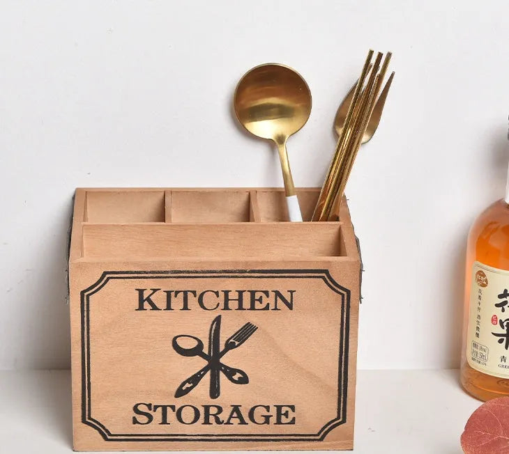 Wooden kitchen storage box with internal grid for knives forks chopsticks organisation