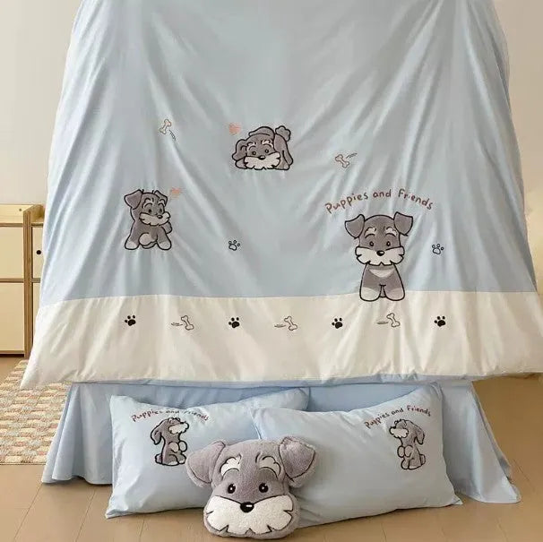 Schnauzer cartoon pattern bedding set with embroidered dog design on thickened cotton