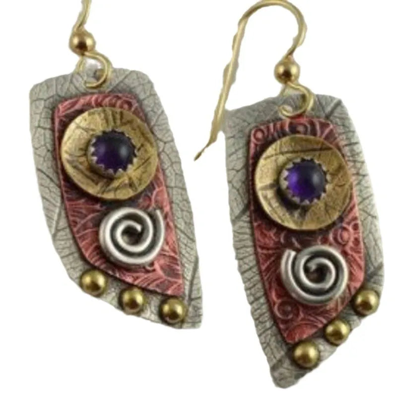 Gold zinc alloy geometric earrings with camouflage leopard print pattern, irregular shape ear studs