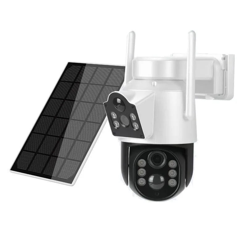 Outdoor solar-powered wireless security camera with solar panel and 4MP resolution