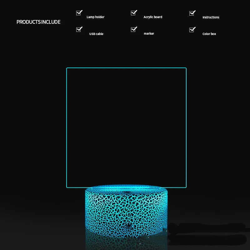 Black 3D LED handwritten acrylic message board with remote control on a desk.
