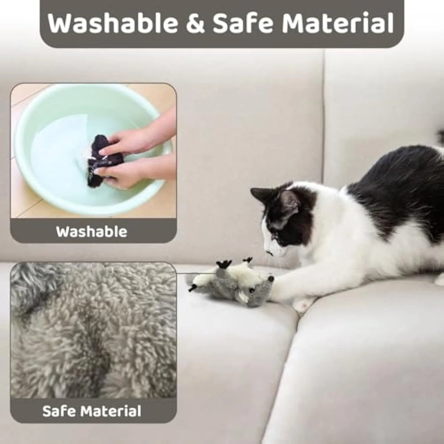 Grey flapping squirrel cat toy with touch-activated motion and USB charging port