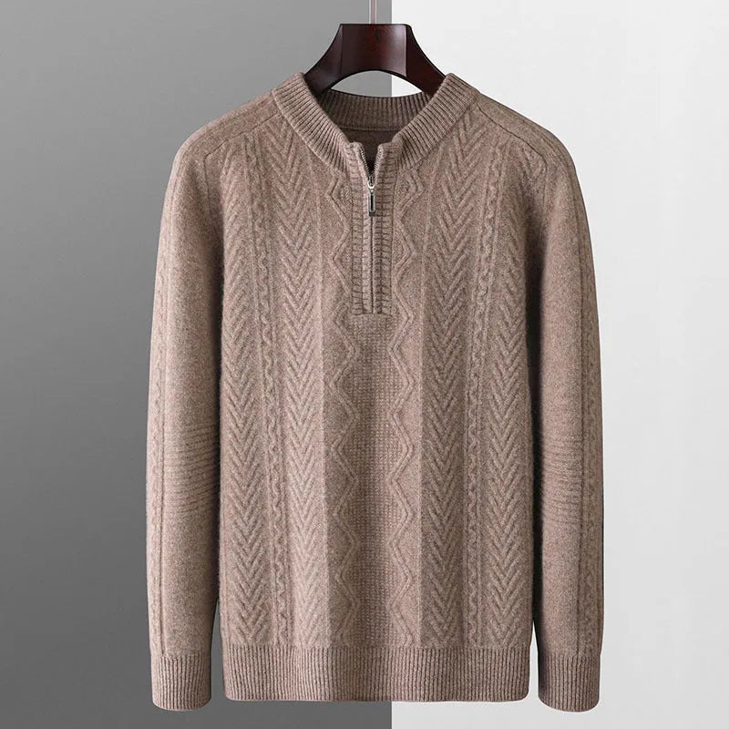 Men's pure wool diamond pattern half zip sweater in camel colour with lattice knit texture