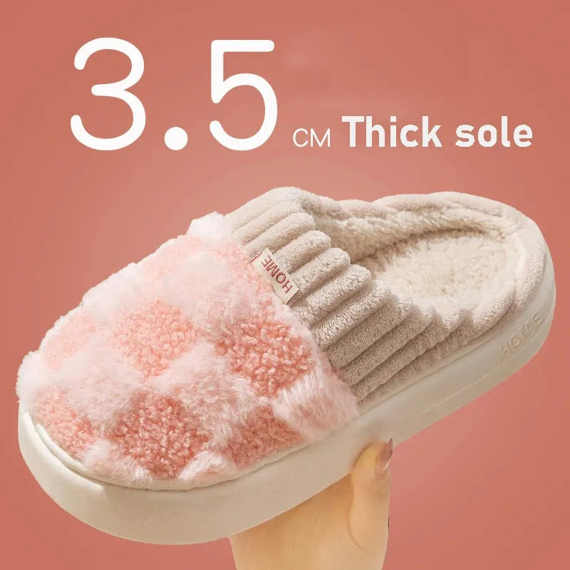 Plaid pattern women's plush slippers with round toe and non-slip sole in multiple colours