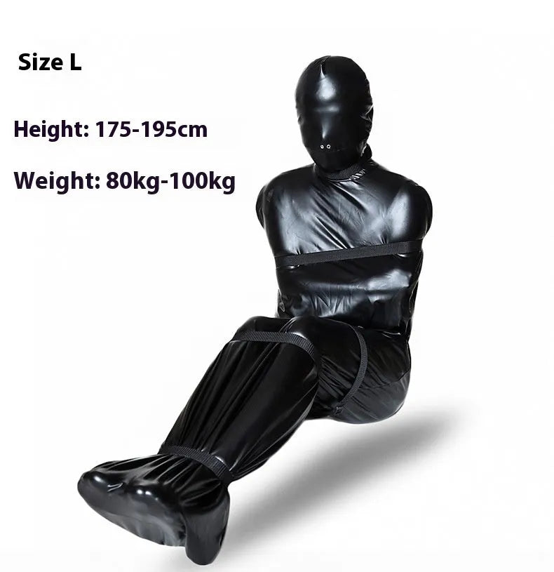 Black patent leather bondage kit with full-coverage garment and six ratchet tie-down straps