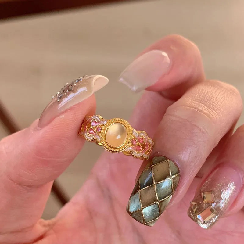 Women's geometric open mouth ring with pink crystal enamel on copper gold plating