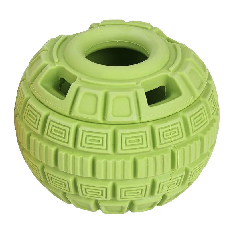 Natural rubber treat dispensing ball toy for dogs in green colour, 14 x 10 x 10 cm
