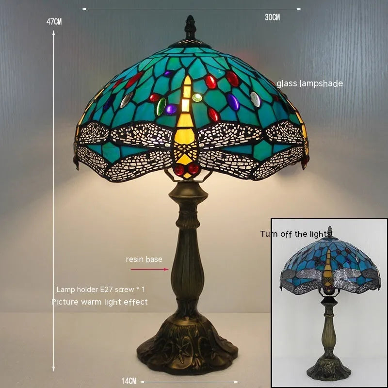 Tiffany dragonfly stone table lamp in European style with decorative blue and green motifs