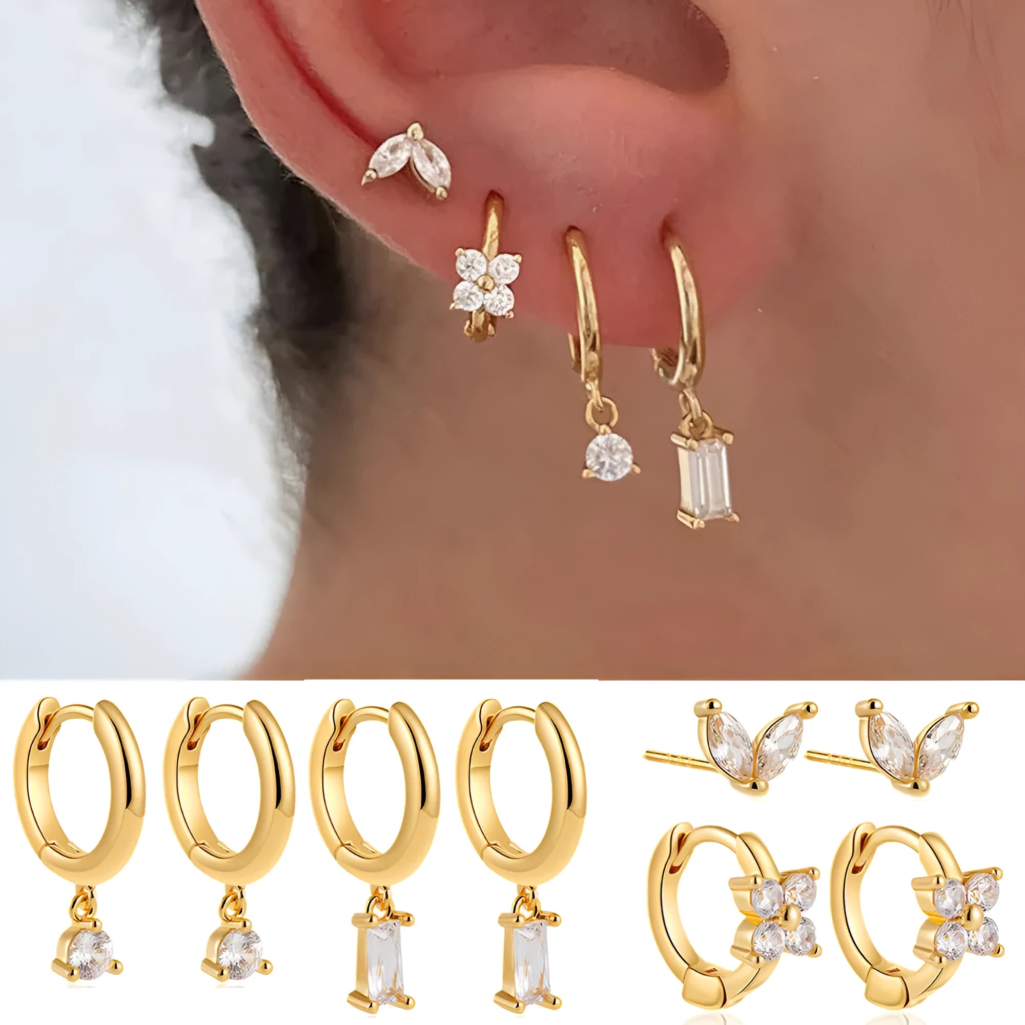 Set of four geometric copper earrings with gold or silver electroplating