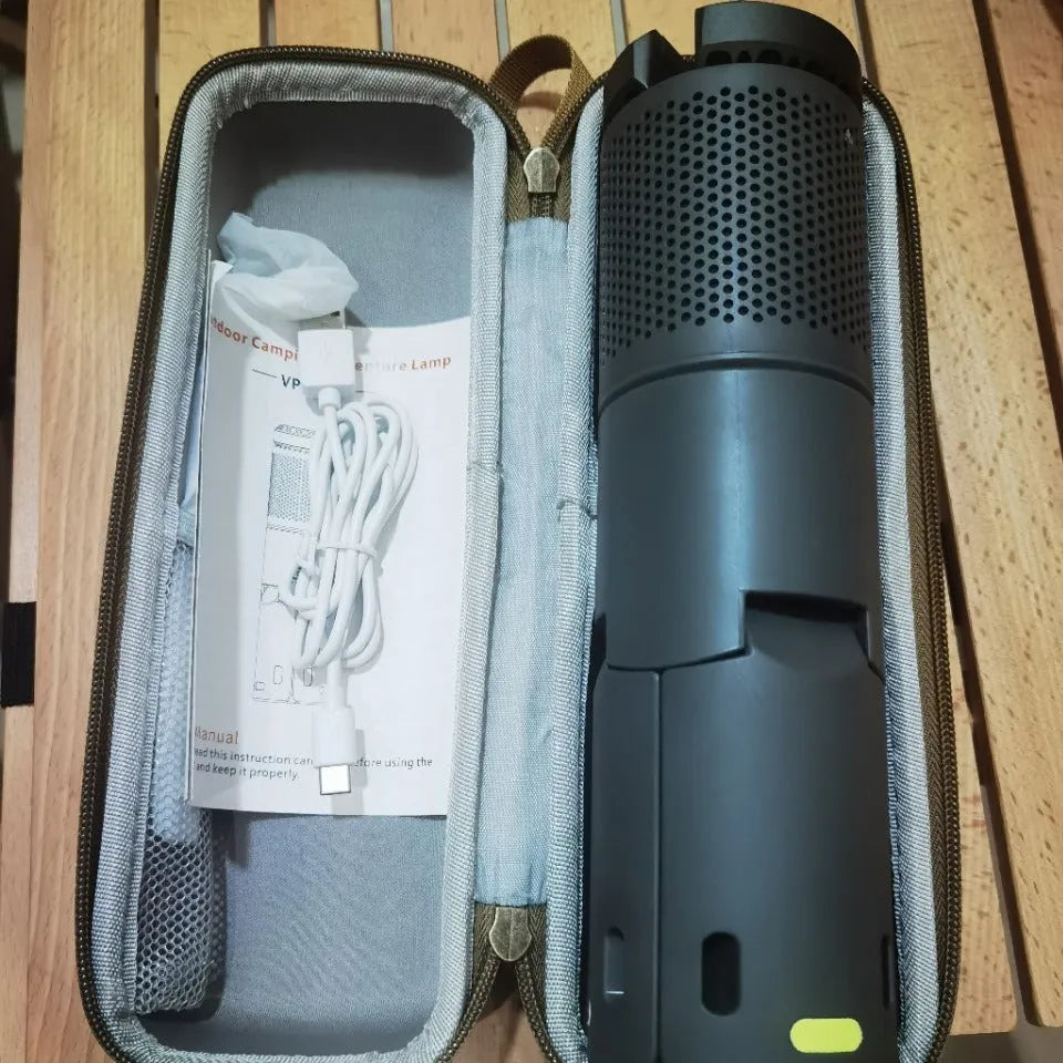 Portable LED camping light with battery power and button switch in off white or dark grey colour