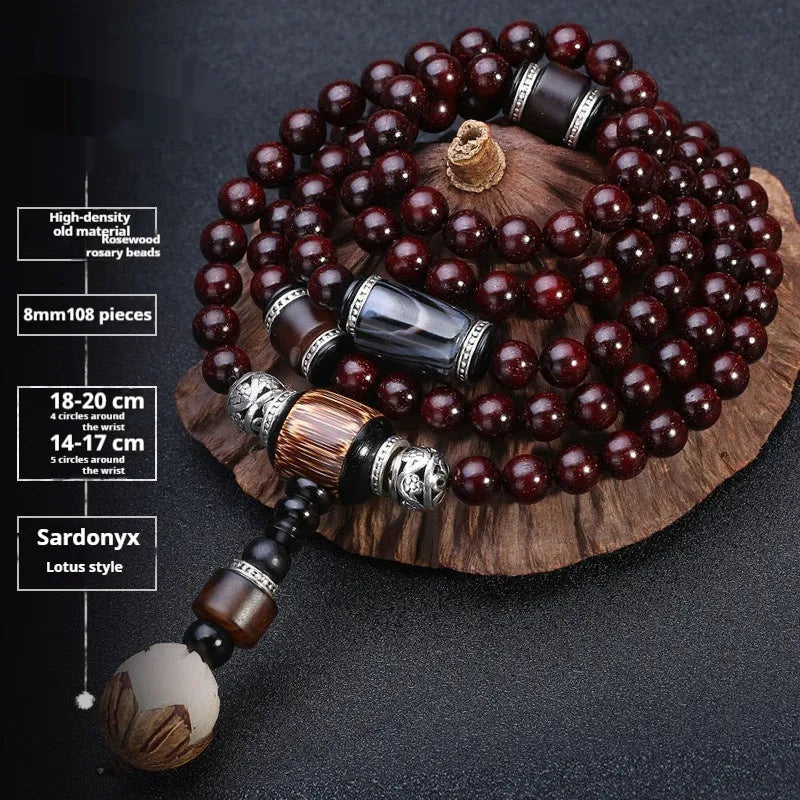 Men's rosewood bead bracelet with 108 beads, shown in a choice of lapis lazuli, turquoise, or red agate styles.