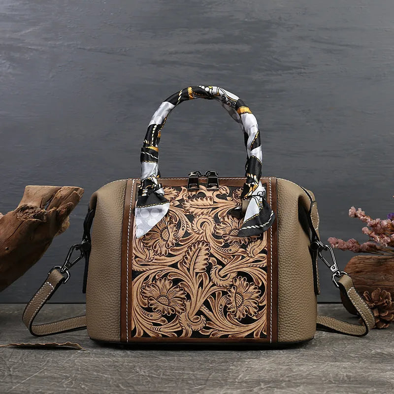 Vintage brown leather messenger bag with a horizontal square shape and front flap.