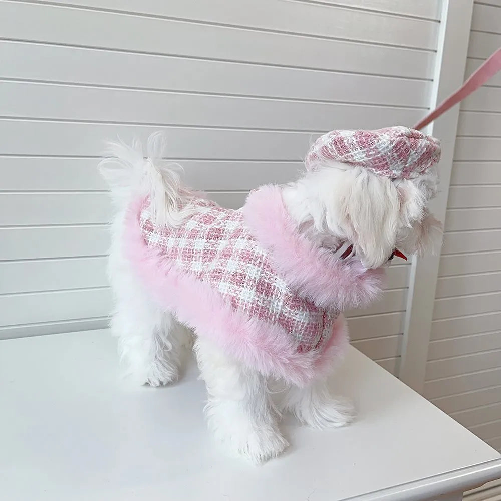 Pink polyester cat costume with beret and cloak outfit for female cats