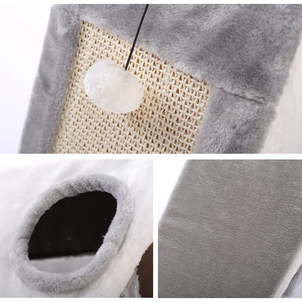 Triangle-shaped cat scratching post and enclosed bed in grey and white colour combination.
