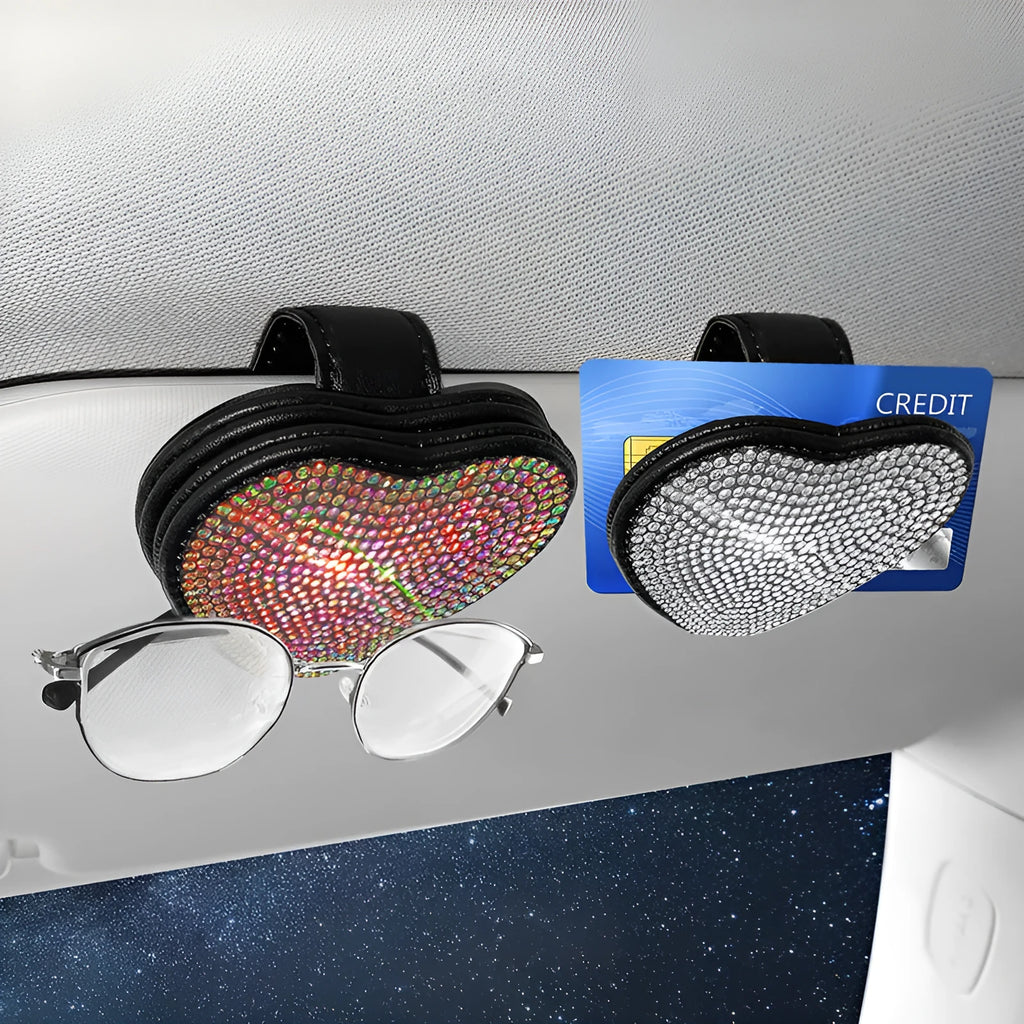 Diamond-encrusted PU leather car sun visor clip with magnetic closure for storing glasses and tickets.