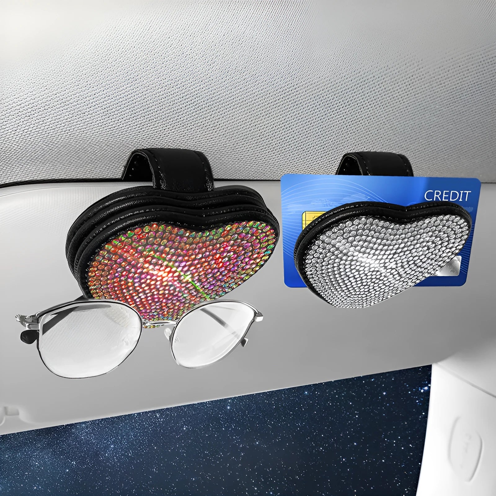 Diamond-encrusted PU leather car sun visor clip with magnetic closure for storing glasses and tickets.