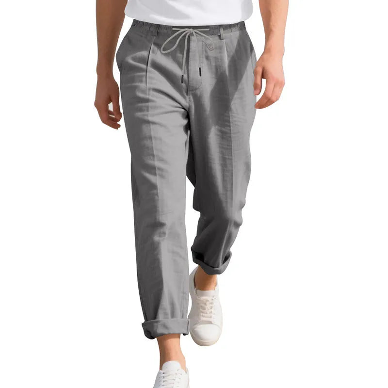 Men's linen casual trousers in loose straight fit with drawstring waist in various colours