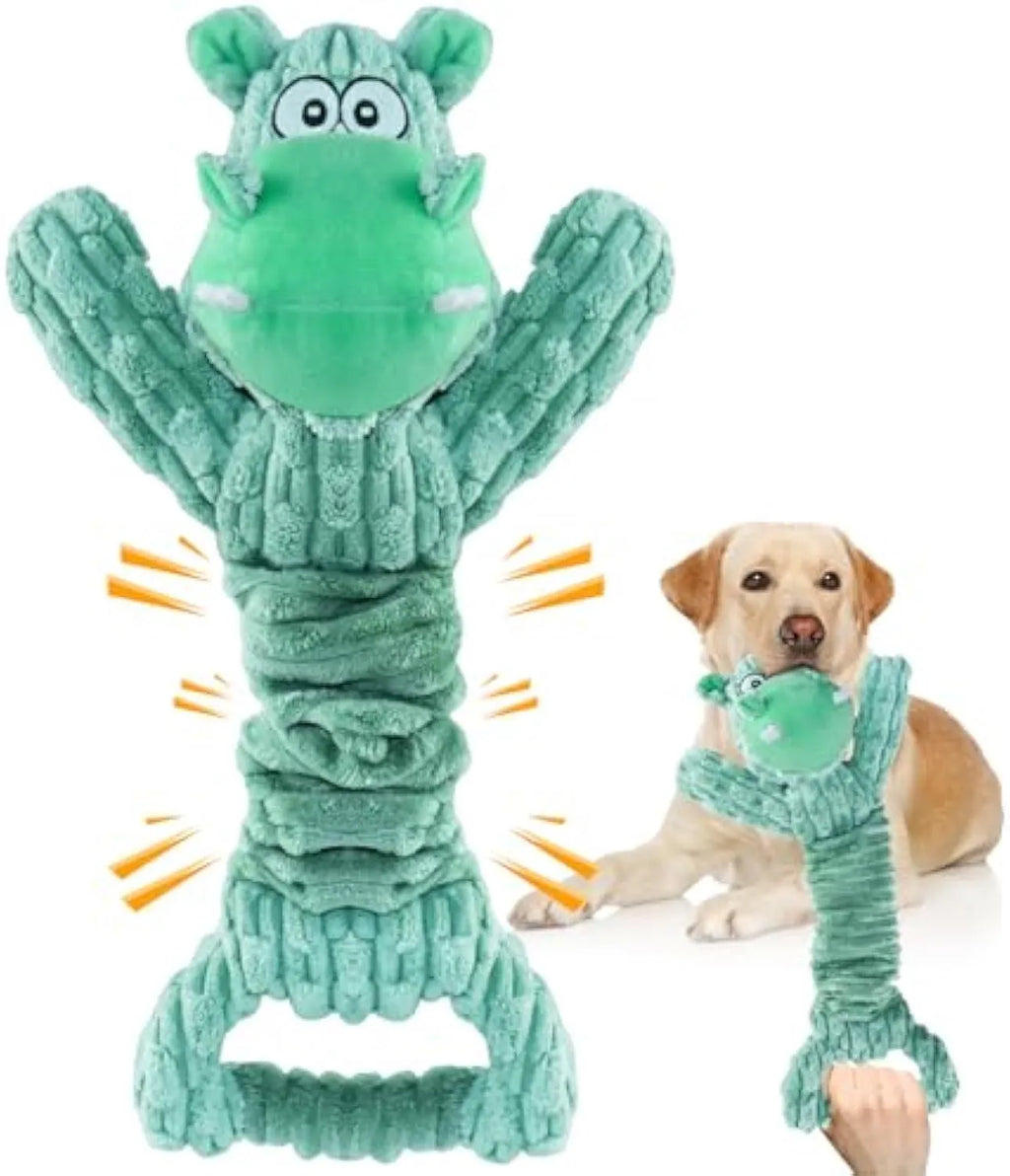 Large plush squeaky dog toy in hippo or monkey design with a handle for tug of war.