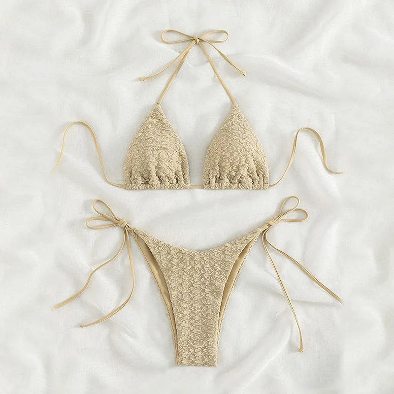 Women's high-waist bikini swimsuit with lace-up sides in khaki colour