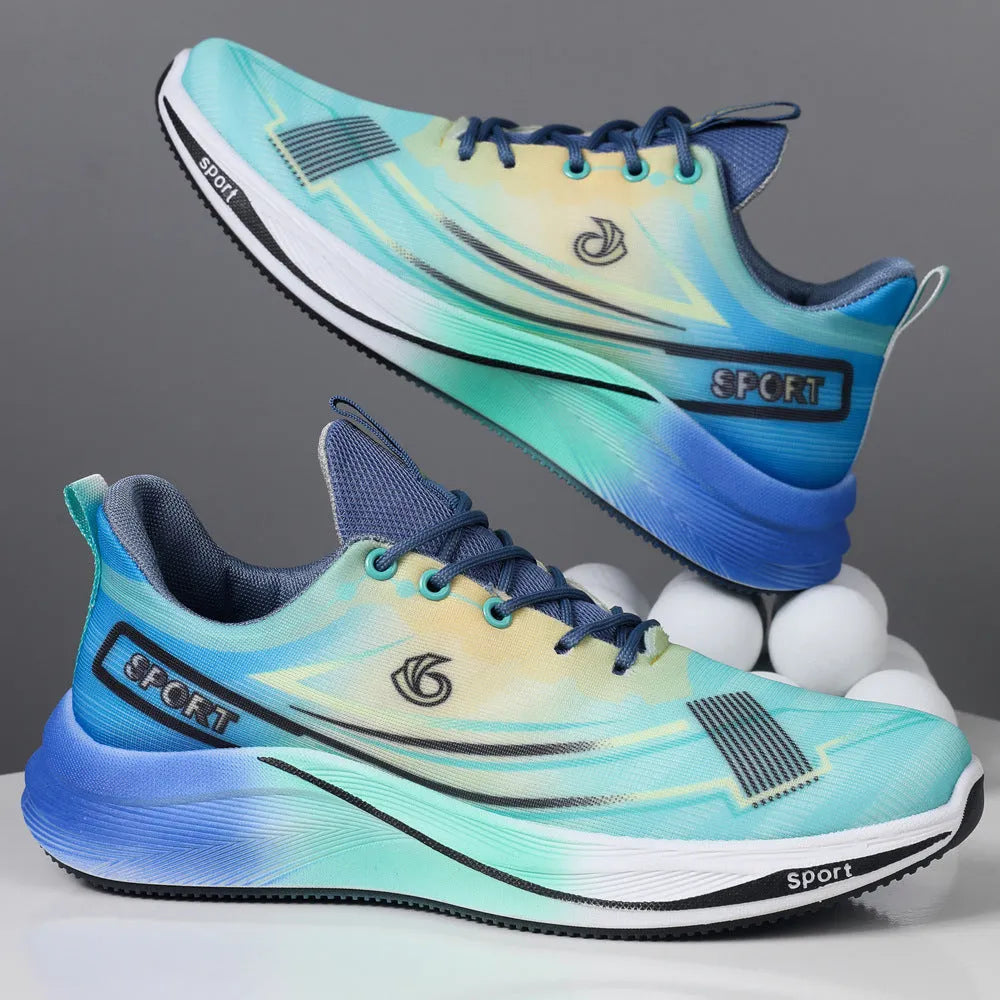 Mesh breathable running shoes for men in gray orange and black blue, low top with PVC sole