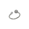 Adjustable open-end pearl ring with round zircon stone in gold or silver finish