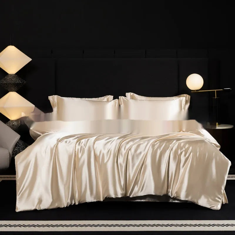 Silk bed sheet four-piece set in solid colour folded, showing options for Ash Purple, Cool Black, and Golden Camel.