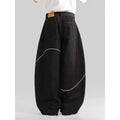 Black straight-leg polyester denim trousers on a hanger, showing mid-waist fit and zip fly.