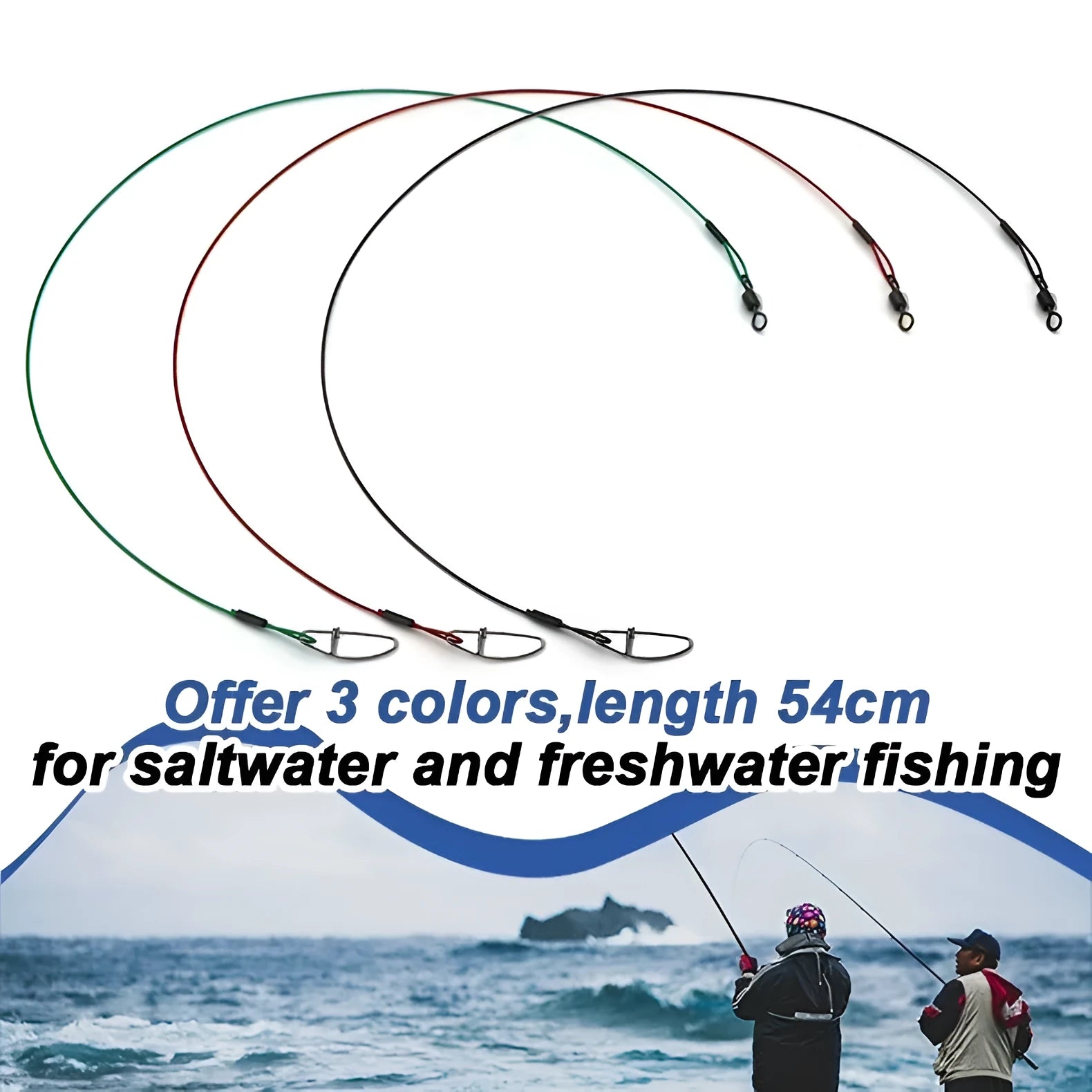Steel wire fishing double buckle pin accessories in green, black, and red colours