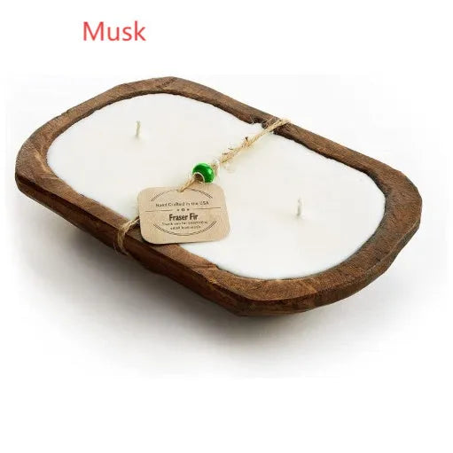 Retro-style wooden basin containing a Lavender soy wax aromatherapy candle with three visible wicks.