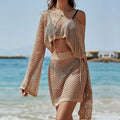 Khaki bell sleeve loose hollow out sun protection clothing suit with matching top and skirt