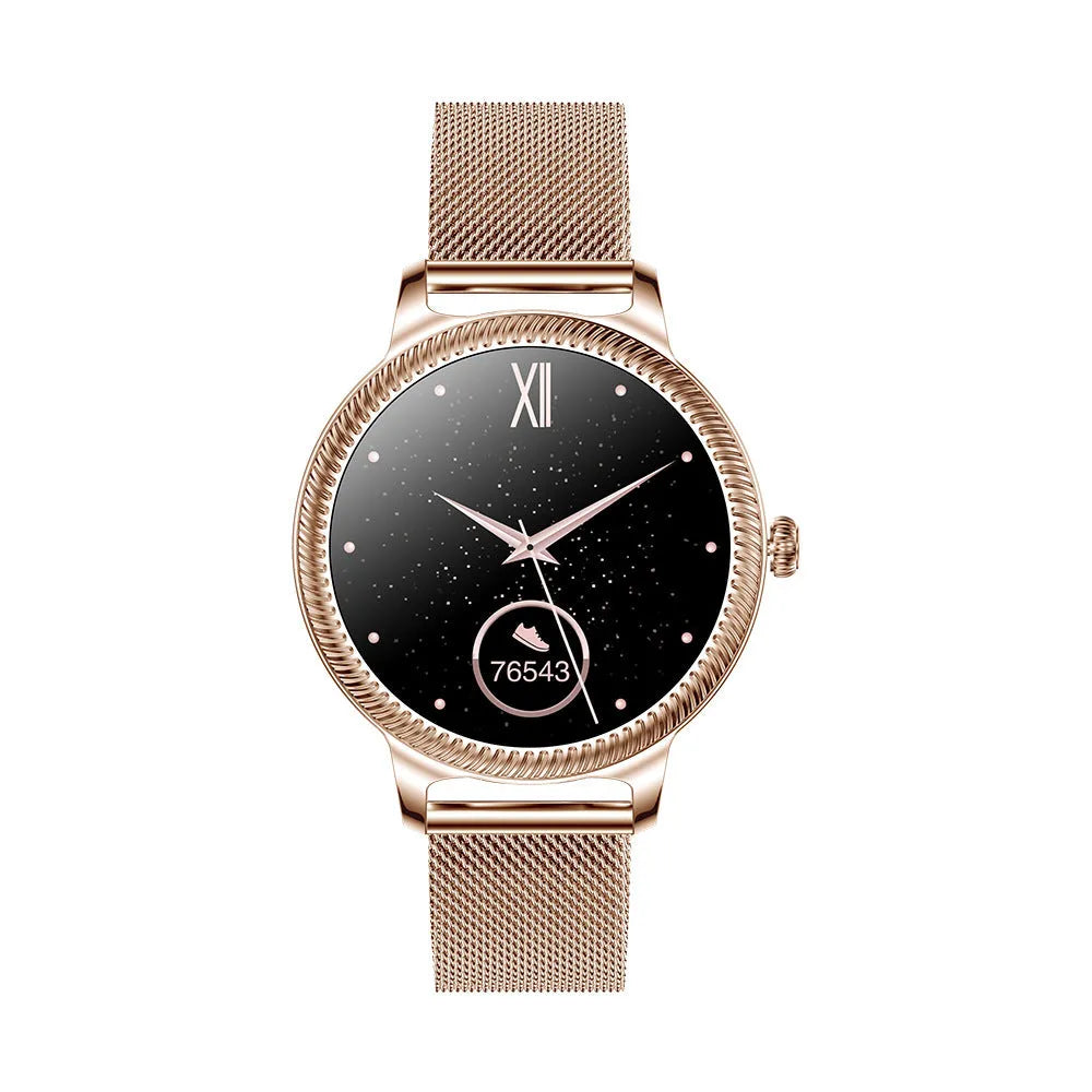 AK38 ladies smart watch with stainless steel Milanese band and 1.09-inch colour screen displaying time