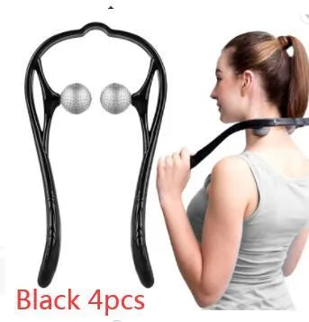 Blue plastic neck massager with hand roller and bracket for pressure point therapy on neck and shoulders
