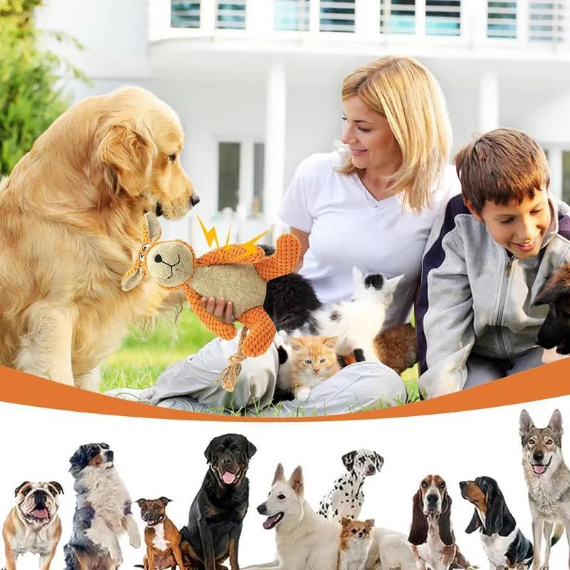 Dog plush squeaky toy in animal shape – donkey, elephant, orangutan, or rabbit – for teeth cleaning and interactive play