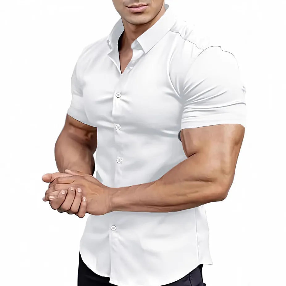 Men's brown short sleeve casual printed shirt with a collar on a hanger.