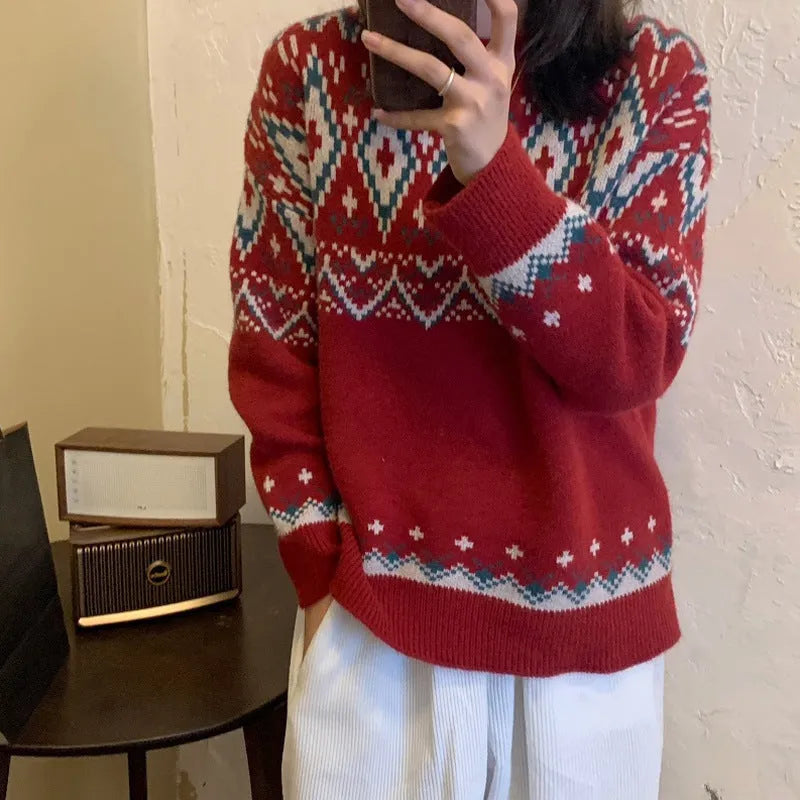 Red and white striped loose retro pullover knitted top with long sleeves