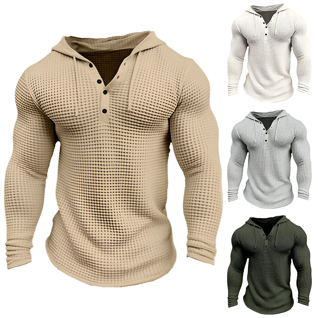 Men's pullover long sleeve t-shirt in solid khaki colour with waffle knit texture and hood, shown on model