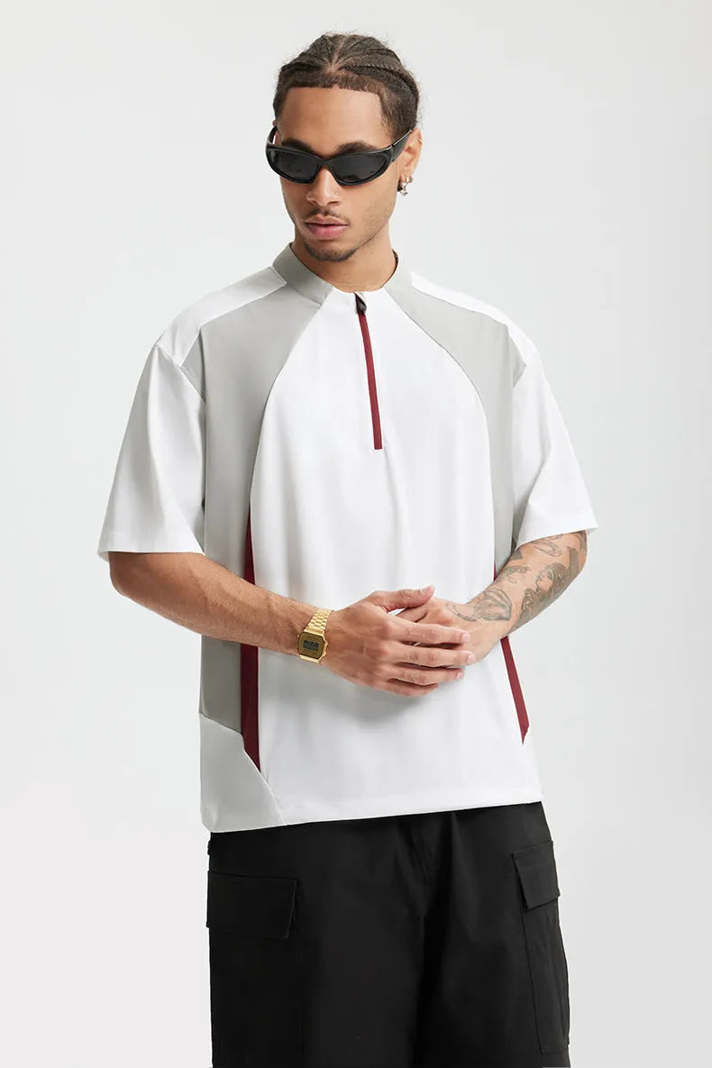 Men's lightweight polyester shirt in solid colour with stitching construction, shown in black and beige with long and short sleeve options