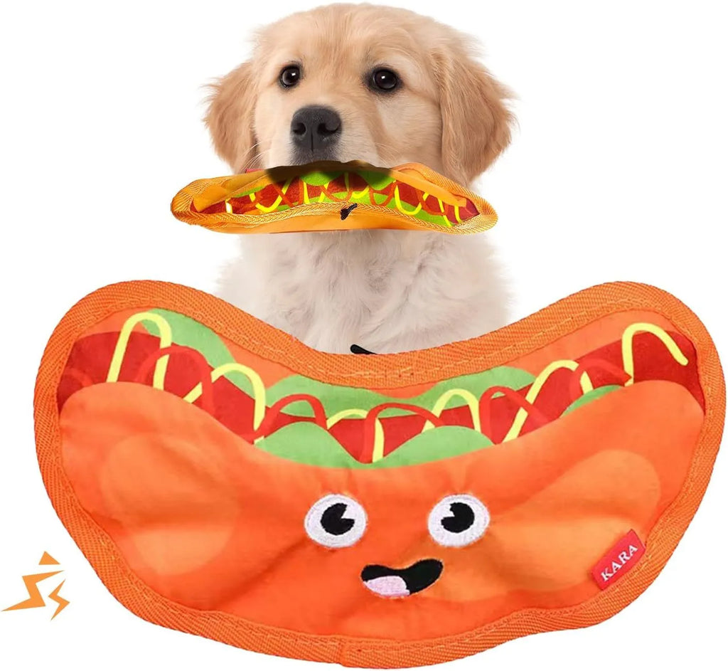 Crinkle and squeak dog toy in hamburger shape for interactive chew play