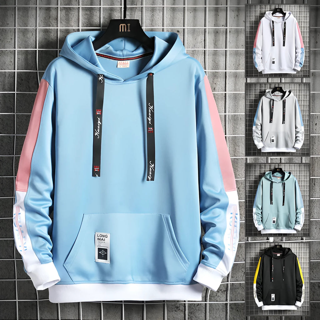 Men's casual loose fit hooded top in polyester, black colour option, front view