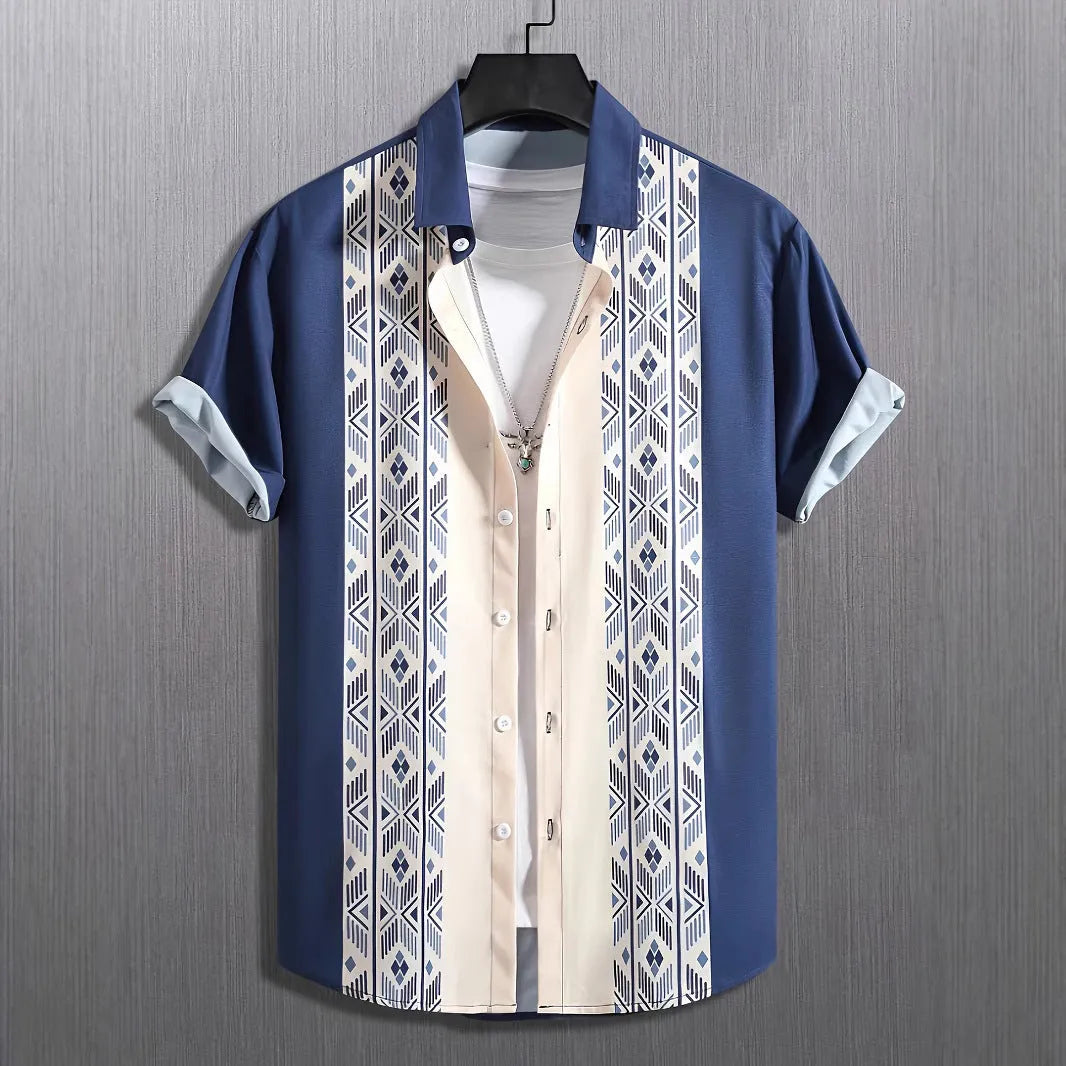 Man wearing a loose fit plaid short sleeve shirt with a lapel collar in a cardigan style.