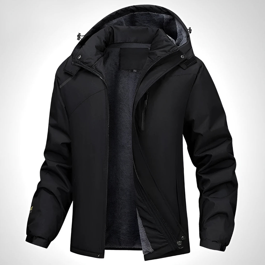 Men's plus size loose-fit hooded winter coat in army green, shown on a model.
