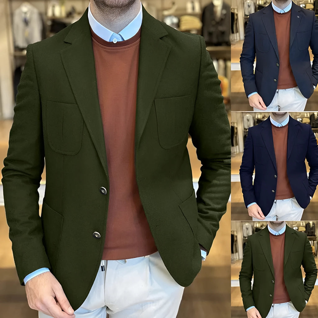 Men's casual cotton suit jacket in a loose fit retro style, shown in Army Green colour.