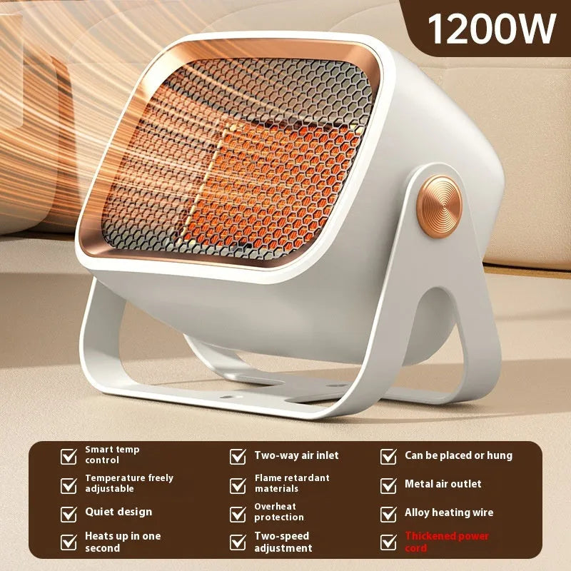 Grey PTC ceramic desktop heater with oscillation feature on wooden desk
