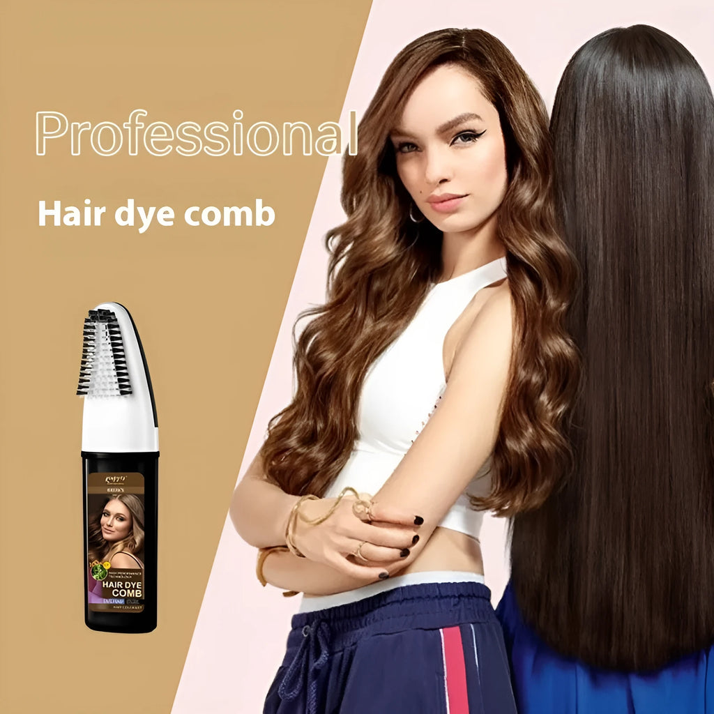 Hair dye kit with comb applicator showing Black, Wine Red and Brown colour options