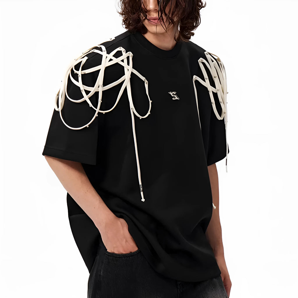 Black loose fit short sleeve T-shirt with padded shoulder and rivet ribbon detail